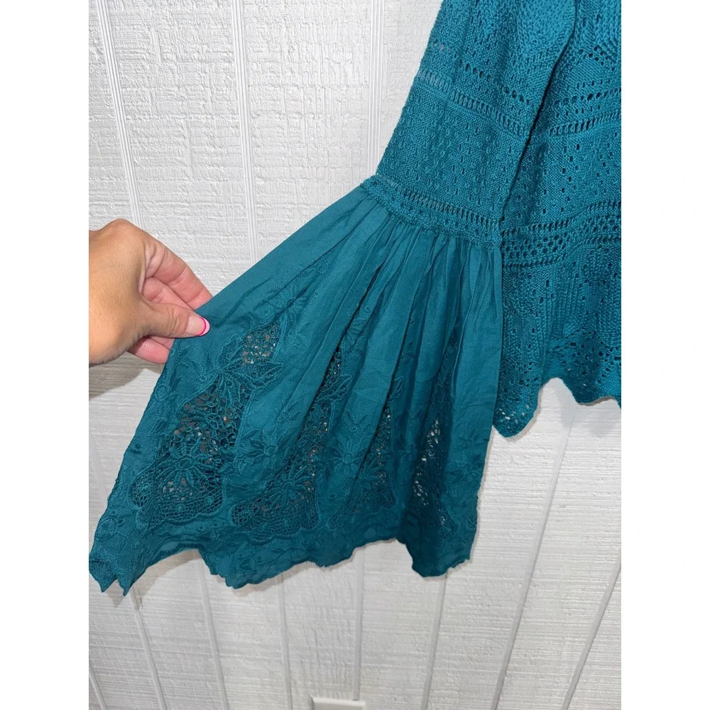 Free People Crochet Knit Top Women Teal Blue Bell Sleeve Lace XS